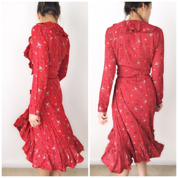 WRAP FLORAL RUFFLES DRESS - RED - Picture 4 of 5